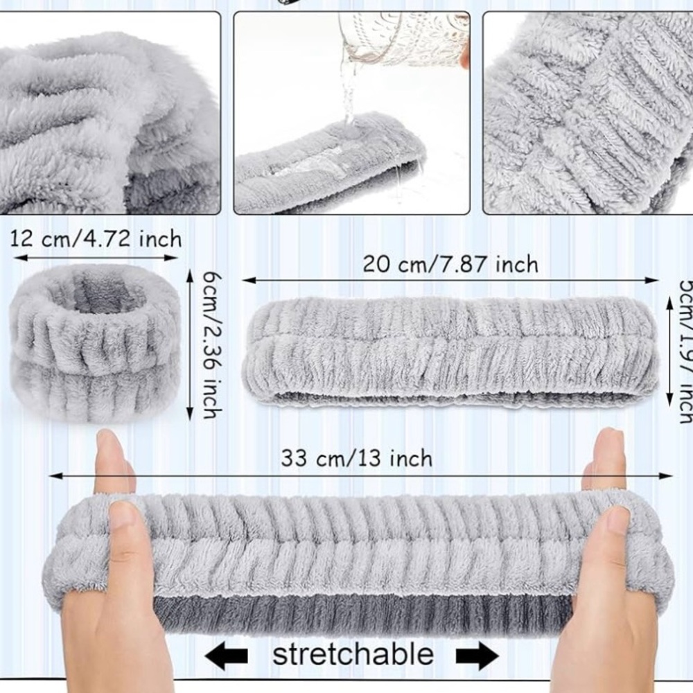 Plush Spa Headband / Wristband Set for Face Washing Skincare Makeup, [Gray] NWT - Picture 6 of 6